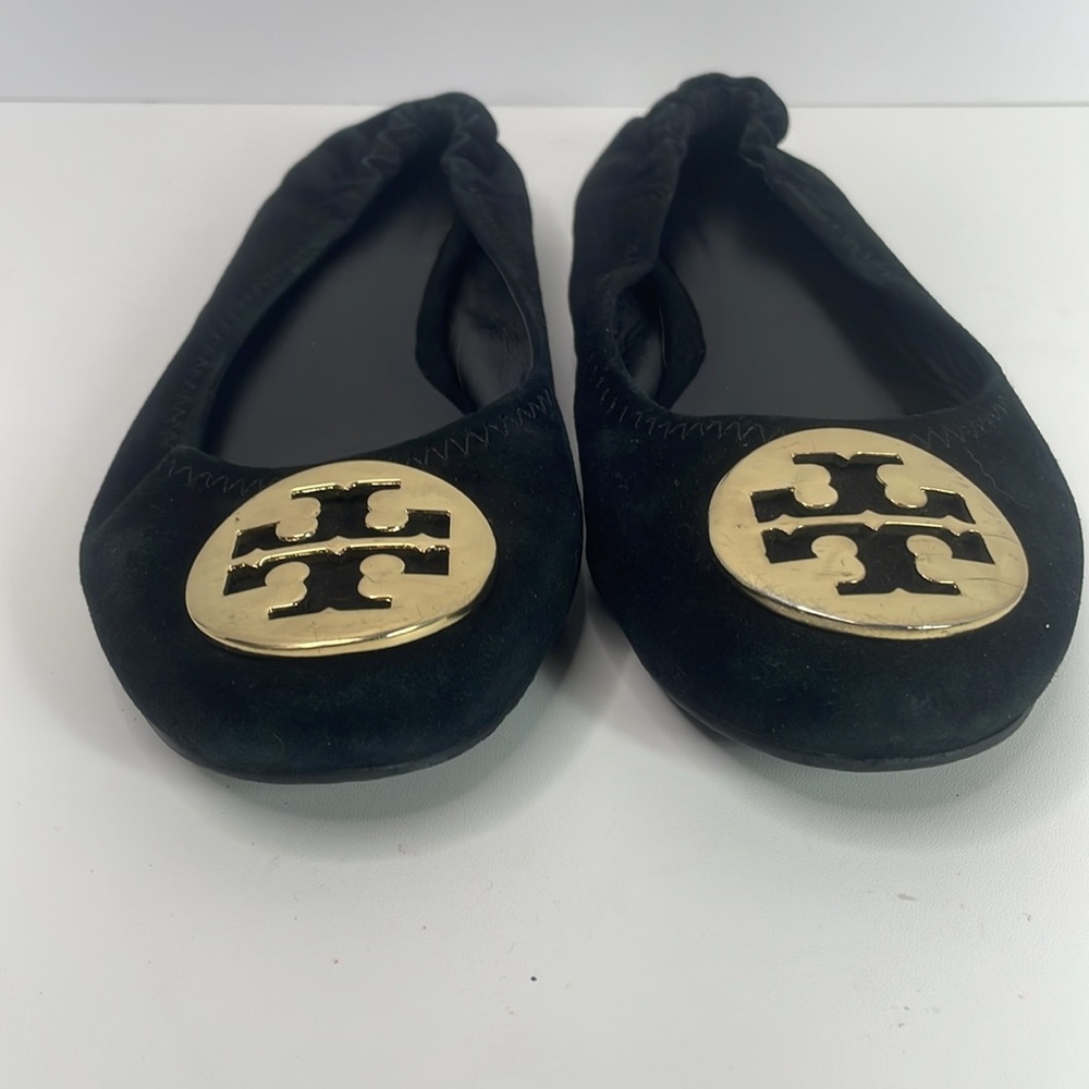 Tory Burch Reva Black Suede Gold Hardware Ballet Flat Size 7 M - Picture 5 of 11